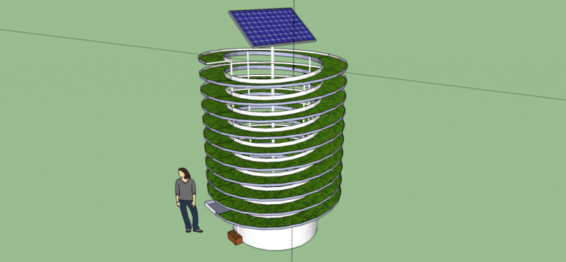 The system is a vertical spiral aquaponics growing system powered by a 